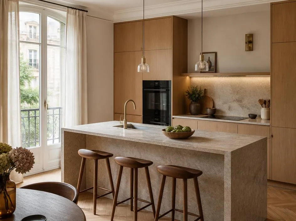 Cuisine ouverte avec îlot central rénovée par Atelier TCE à Charleville-Mézières